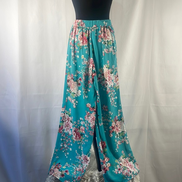 Cherry Blossom turquoise,blue Kimono high waisted wide leg pants,small,floral - Picture 4 of 13